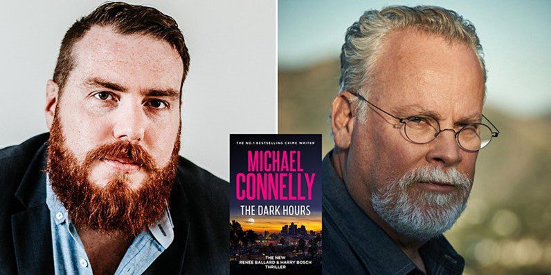 A picture containing The Dark Hours book cover. Ben Hobson on the left, Michael Connelly on the right